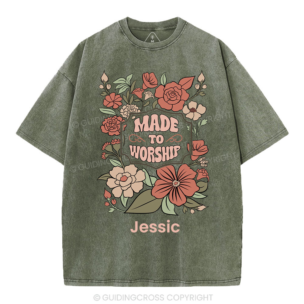 Personalized Made To Worship Retro Floral Christian Washed T-Shirt