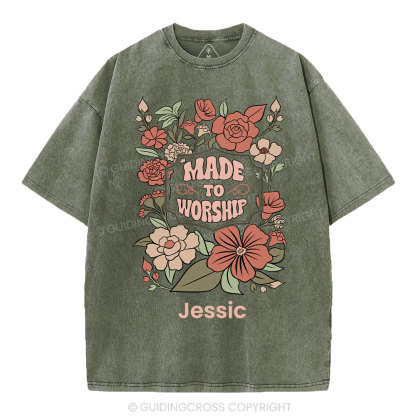 Personalized Made To Worship Retro Floral Christian Washed T-Shirt