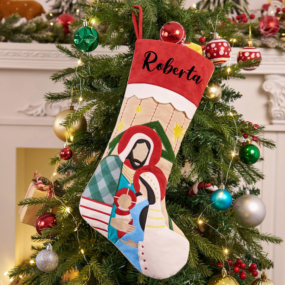 Personalized Name Embroidery Jesus Nativity Christian Christmas Stocking