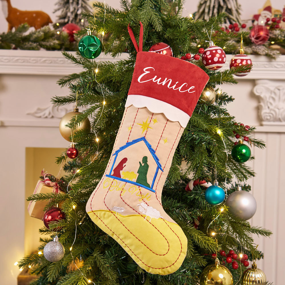 Personalized Name Embroidery Nativity Christian Christmas Stocking