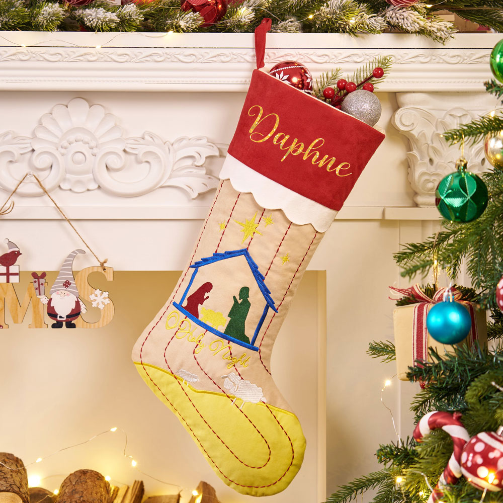 Personalized Name Embroidery Nativity Christian Christmas Stocking