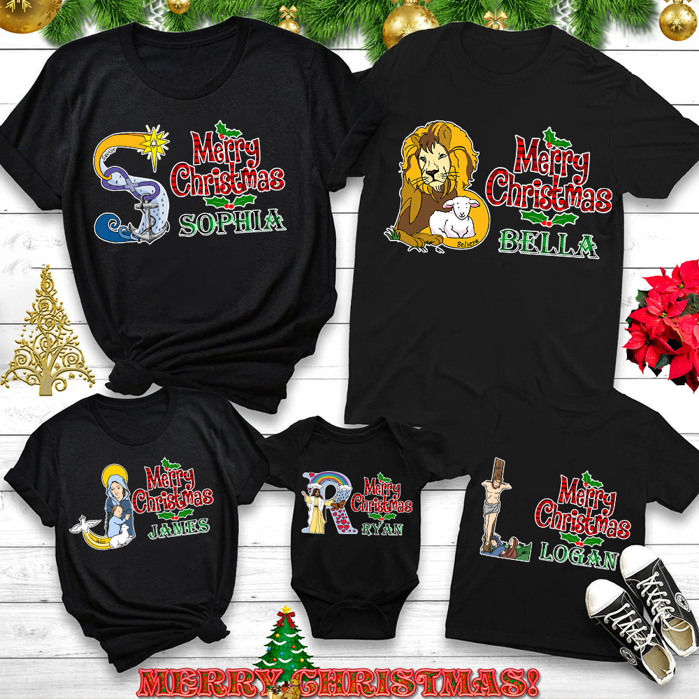 Personalized Name Merry Christmas Christian Family Matching Shirts 