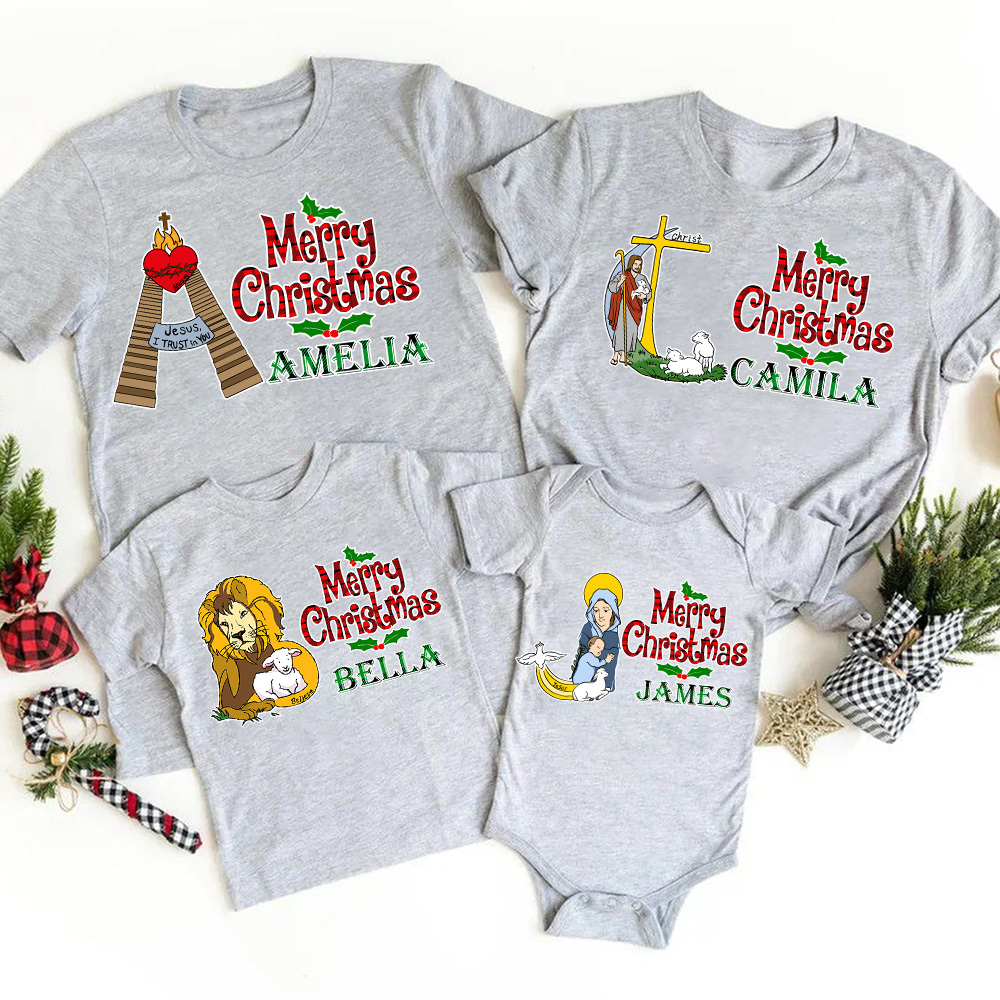 Personalized Name Merry Christmas Christian Family Matching Shirts 