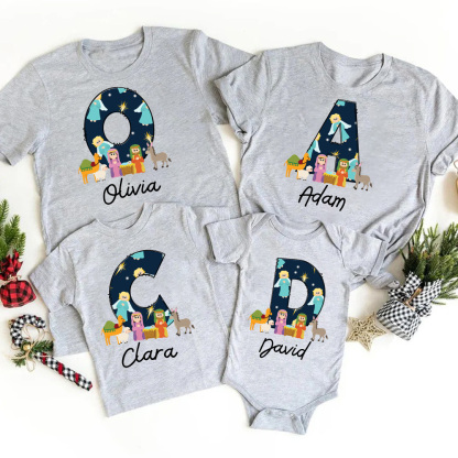 Personalized Name Nativity Scene Angel Christian Christmas Family Matching Shirts