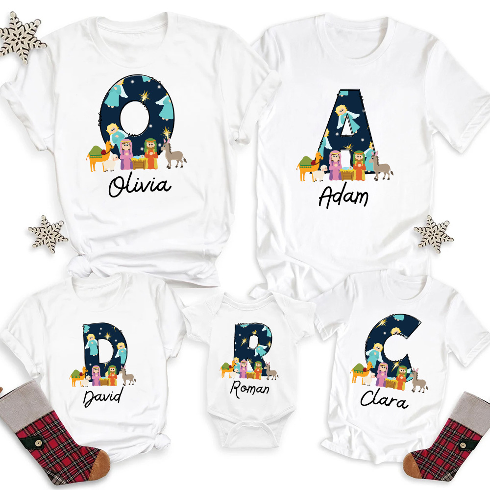 Personalized Name Nativity Scene Angel Christian Christmas Family Matching Shirts