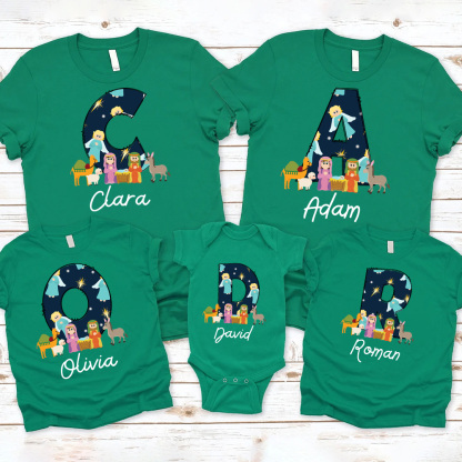 Personalized Name Nativity Scene Angel Christian Christmas Family Matching Shirts