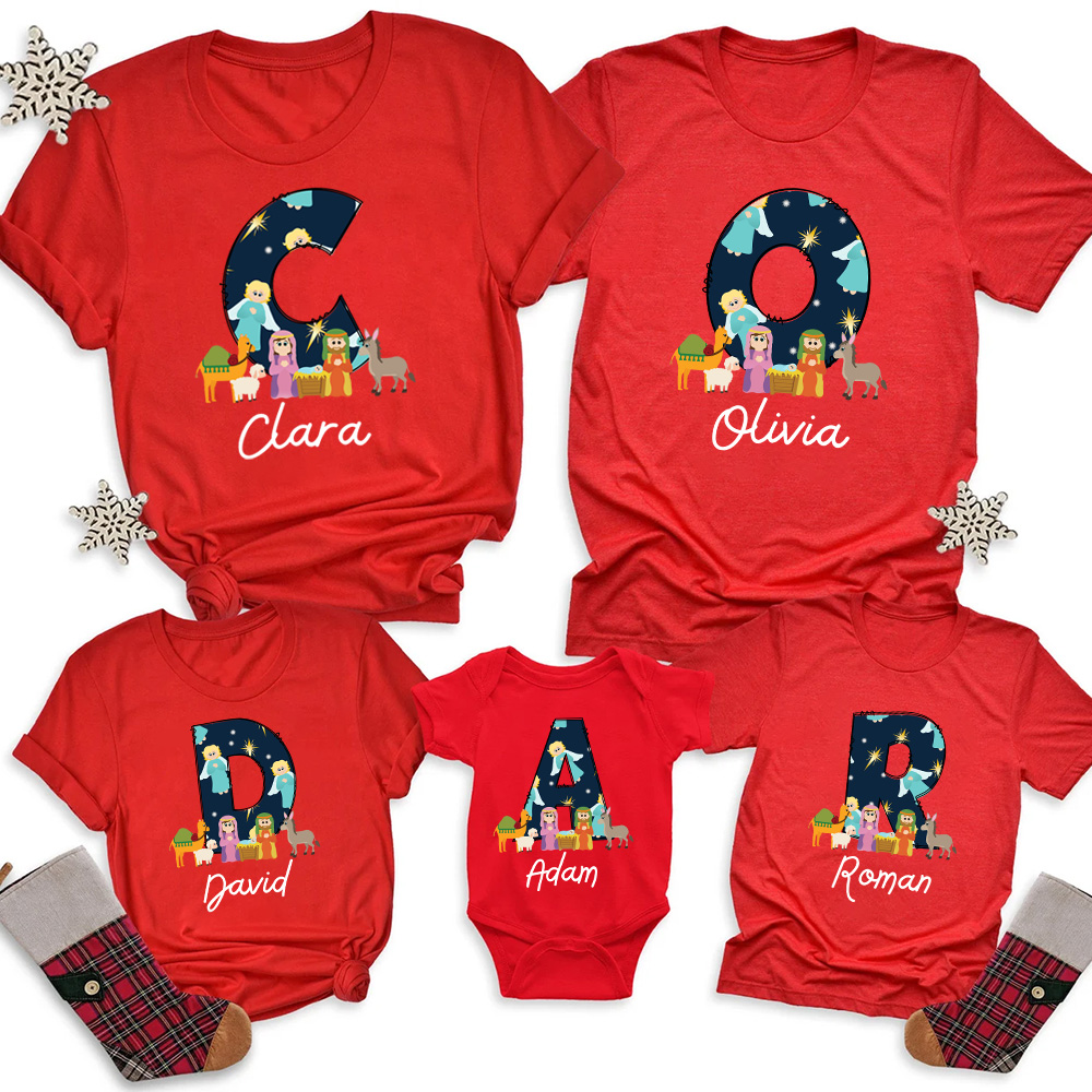 Personalized Name Nativity Scene Angel Christian Christmas Family Matching Shirts