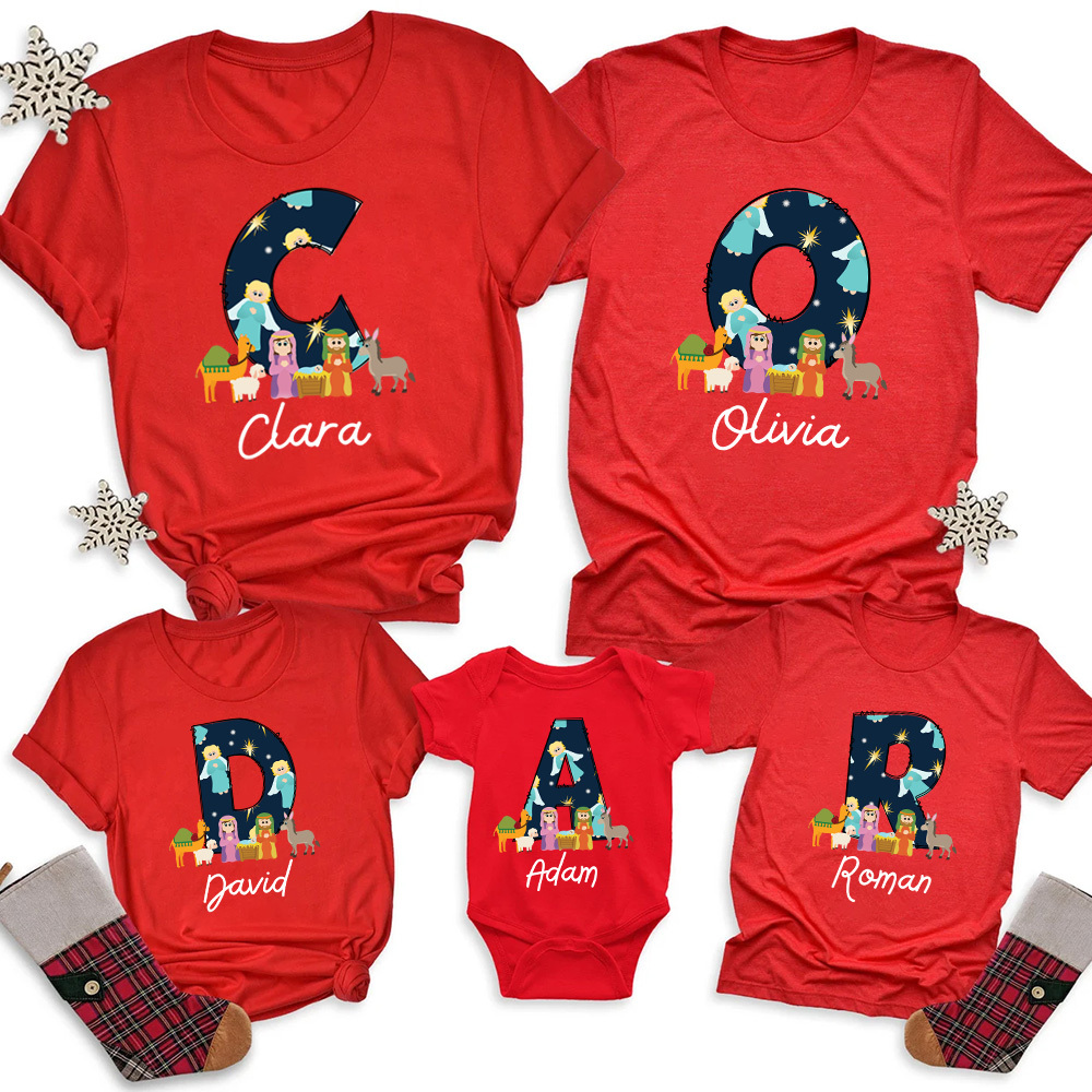 Personalized Name Nativity Scene Angel Christian Christmas Family Matching Shirts
