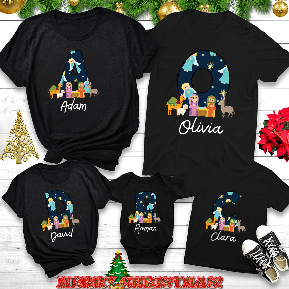 Personalized Name Nativity Scene Angel Christian Christmas Family Matching Shirts