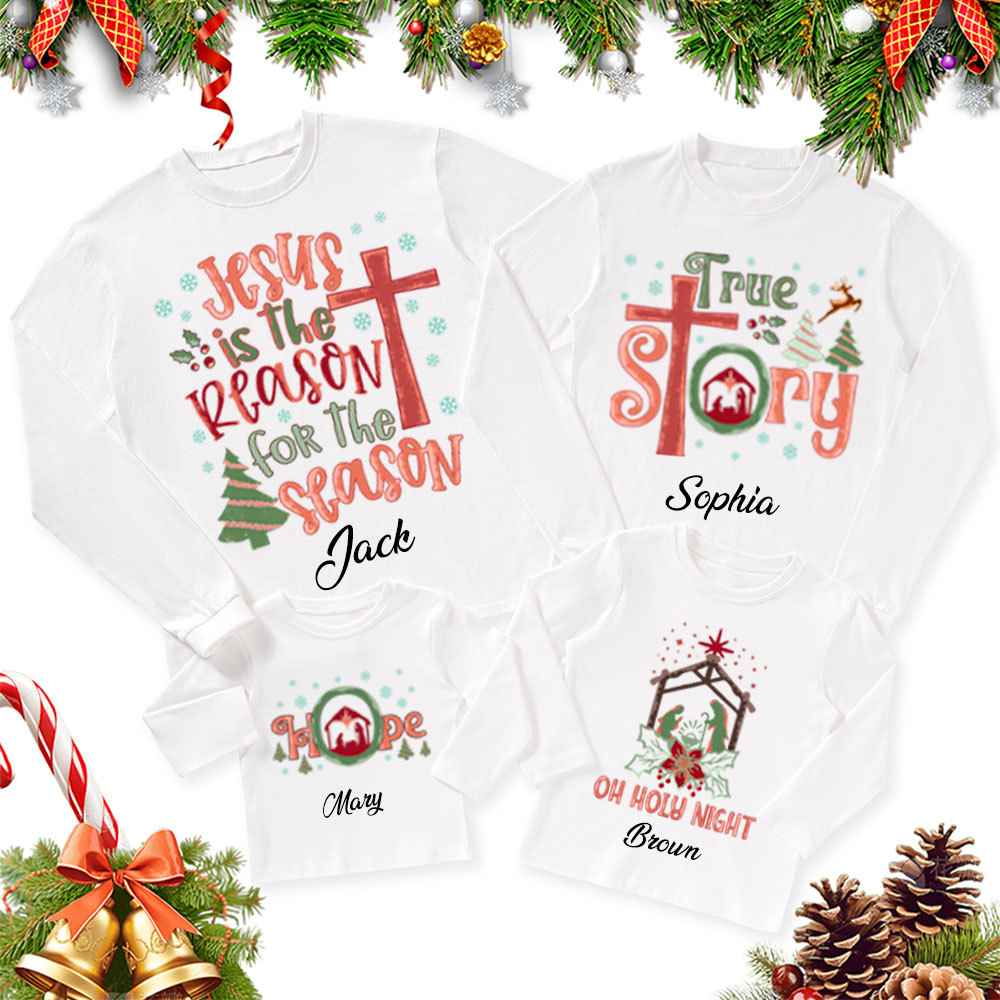 Personalized Nativity Family Matching Christian Christmas Long Sleeve T-Shirt