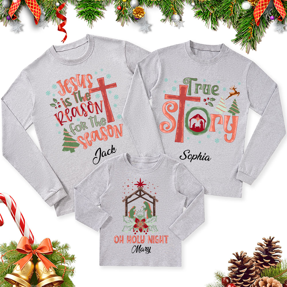 Personalized Nativity Family Matching Christian Christmas Long Sleeve T-Shirt