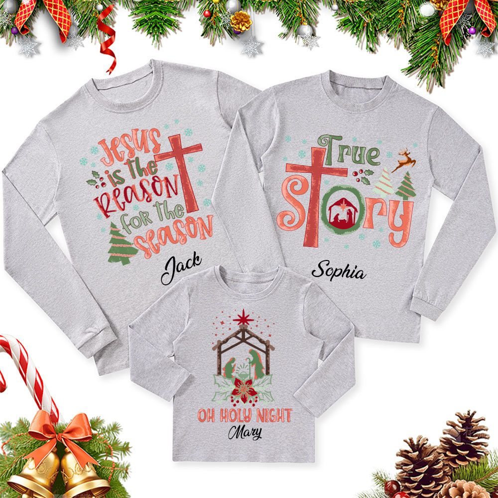 Personalized Nativity Family Matching Christian Christmas Long Sleeve T-Shirt