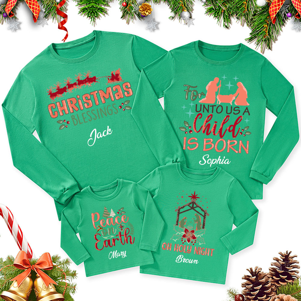 Personalized Nativity Family Matching Christian Christmas Long Sleeve T-Shirt