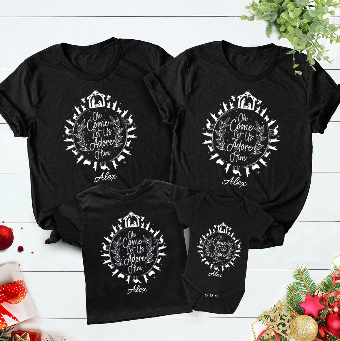 Personalized O Come Let Us Adore Him Christmas Family Matching Shirts