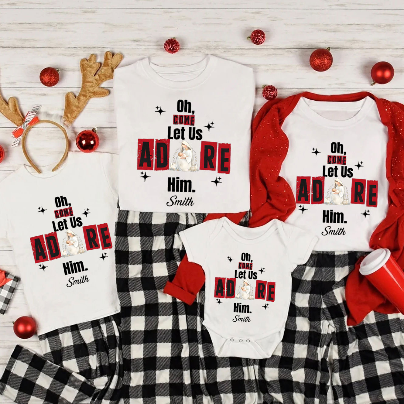 Personalized Oh Come Let Us Adore Him Christmas Family Matching Shirts