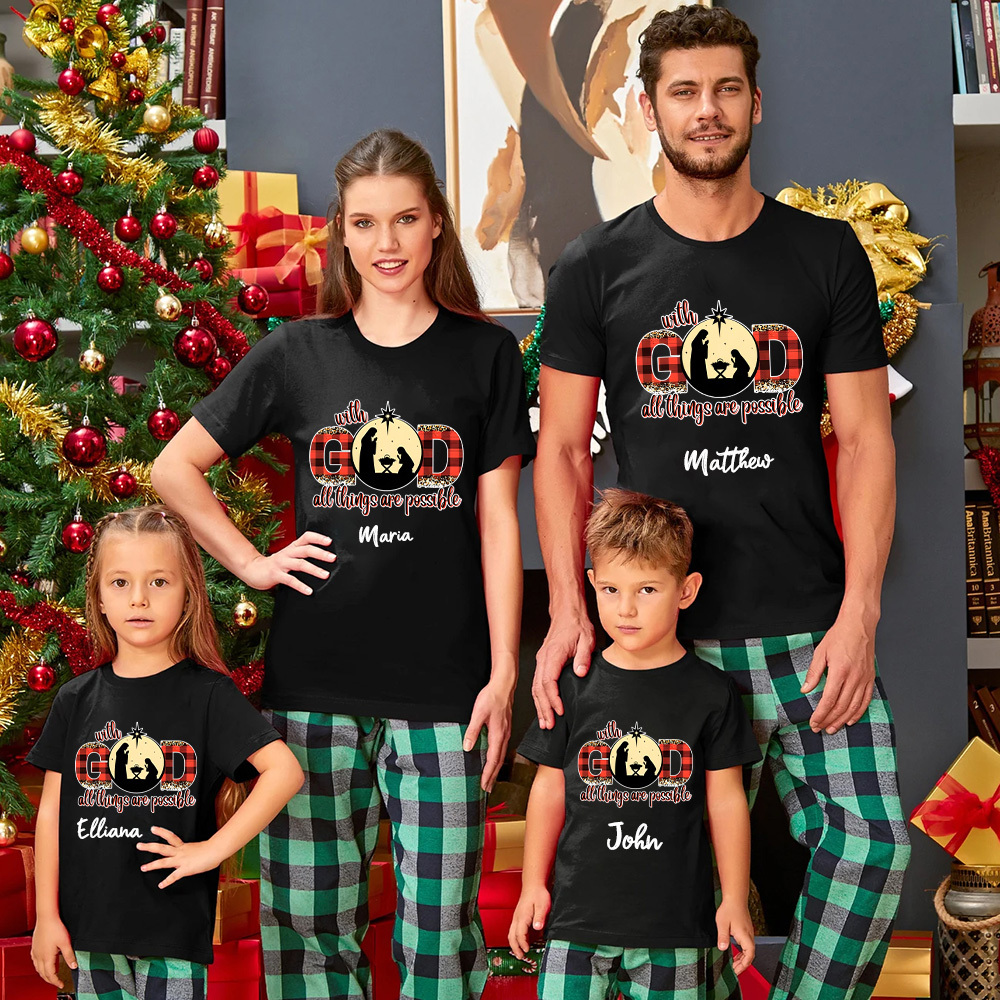 Personalized With God All Things Are Possible Christian Chiristmas Family Matching Shirts