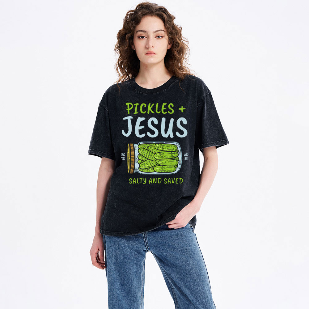 Pickles And Jesus Salty And Saved Christian Washed T-Shirt