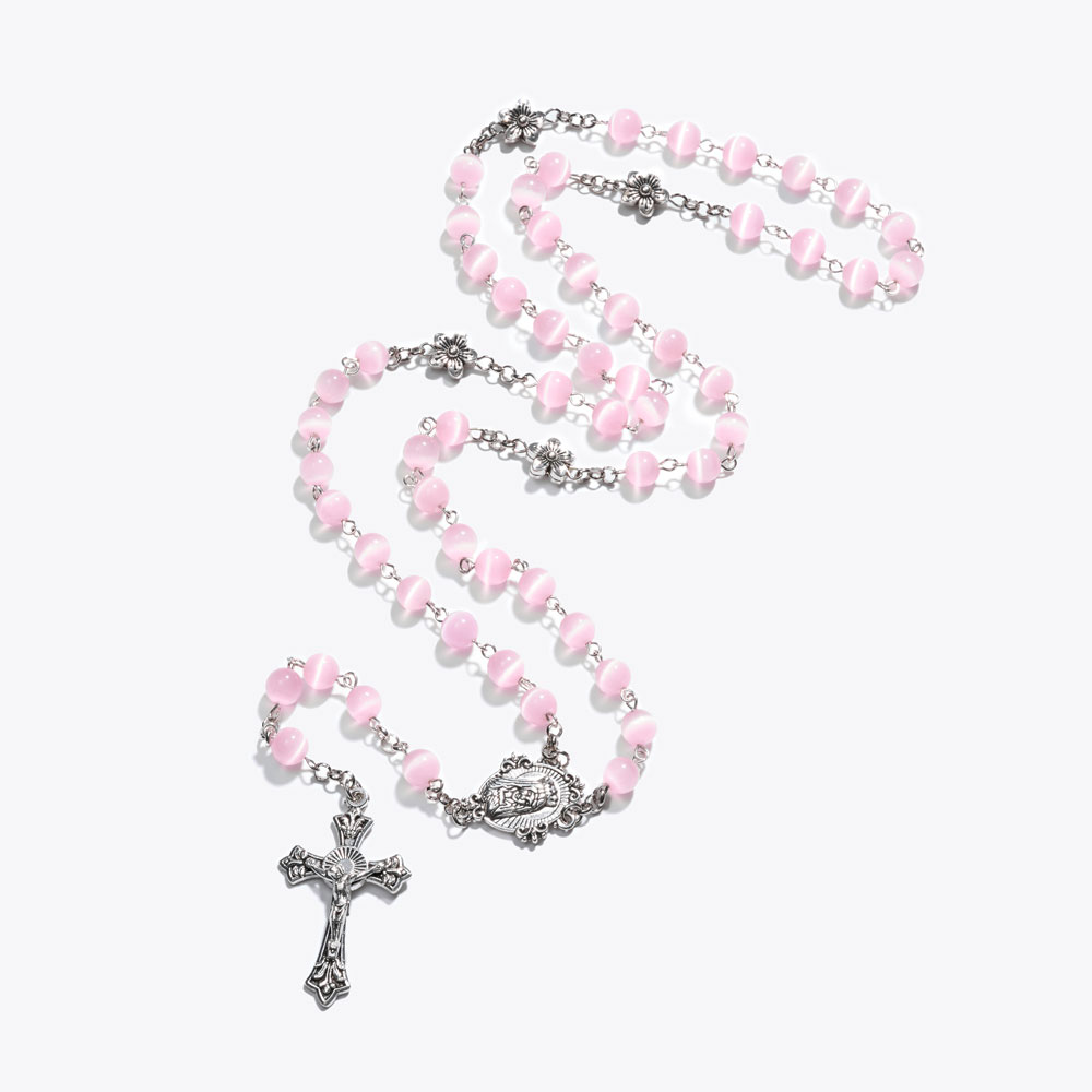 Pink Cat's Eye Bead with Drip-Style Cross Rosary Necklace