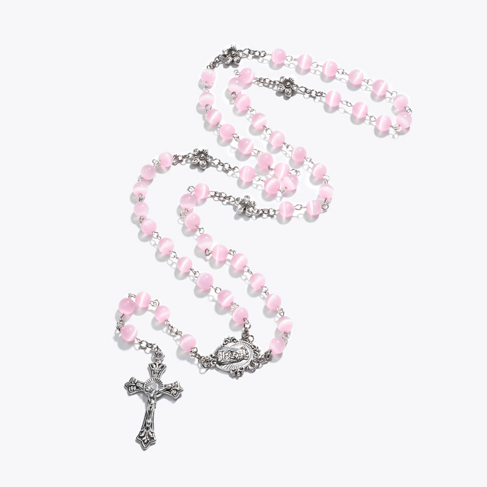 Pink Cat's Eye Bead with Drip-Style Cross Rosary Necklace