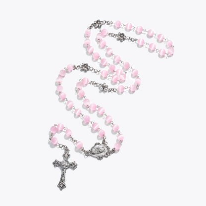Pink Cat's Eye Bead with Drip-Style Cross Rosary Necklace