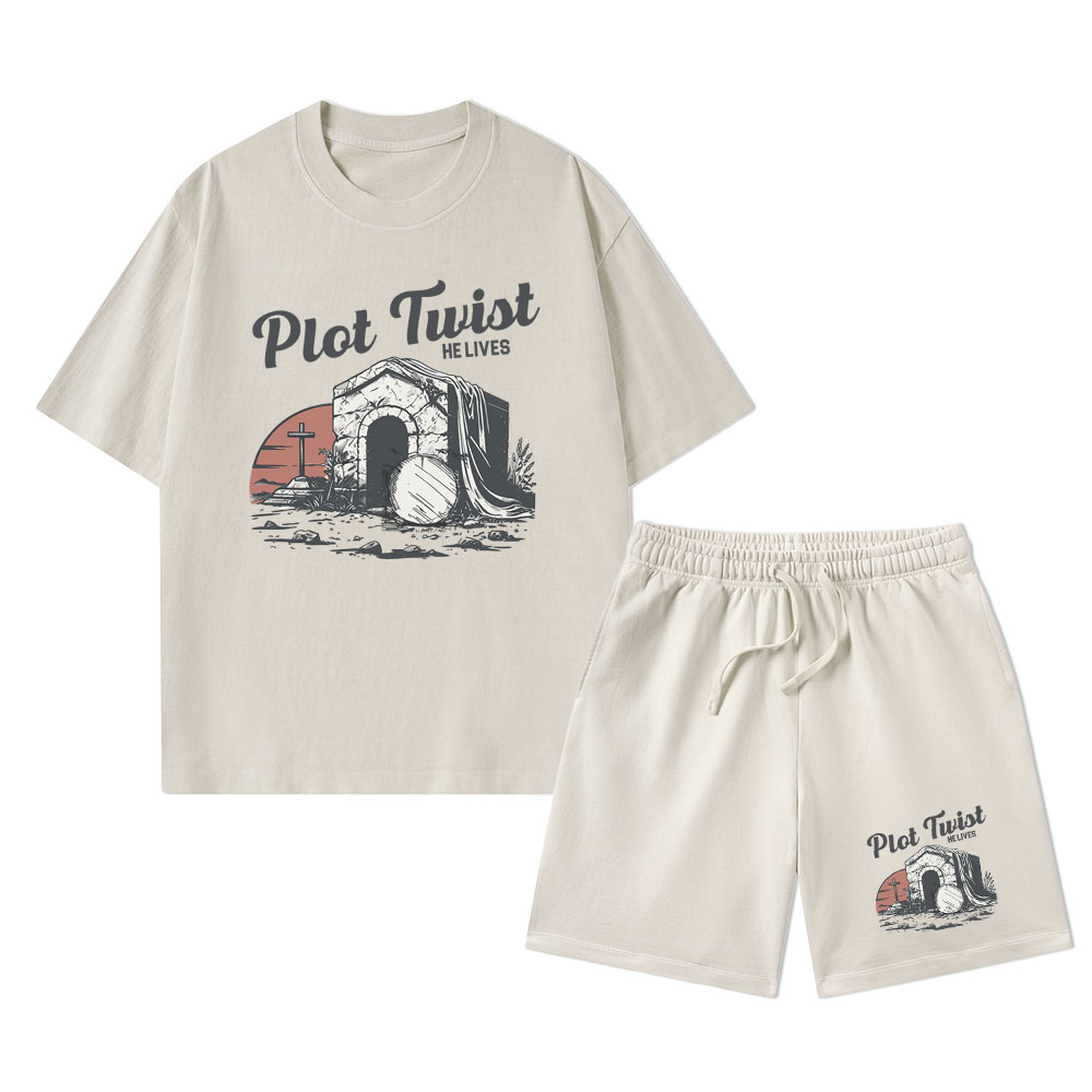Plot Twist He lives Christian Washed T-Shirt & Shorts