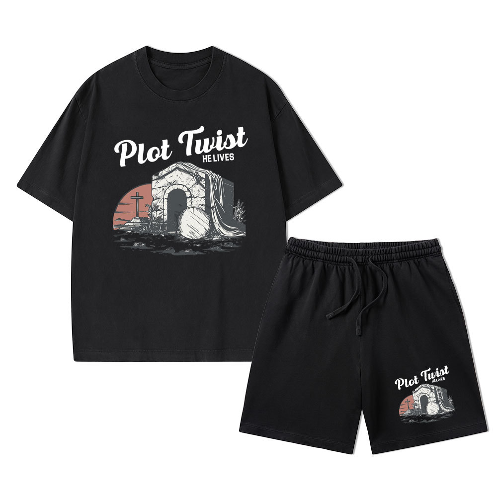 Plot Twist He lives Christian Washed T-Shirt & Shorts
