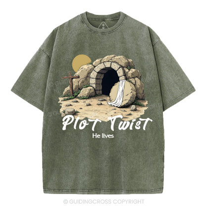 Plot Twist He lives Retro Christian Washed T-Shirt
