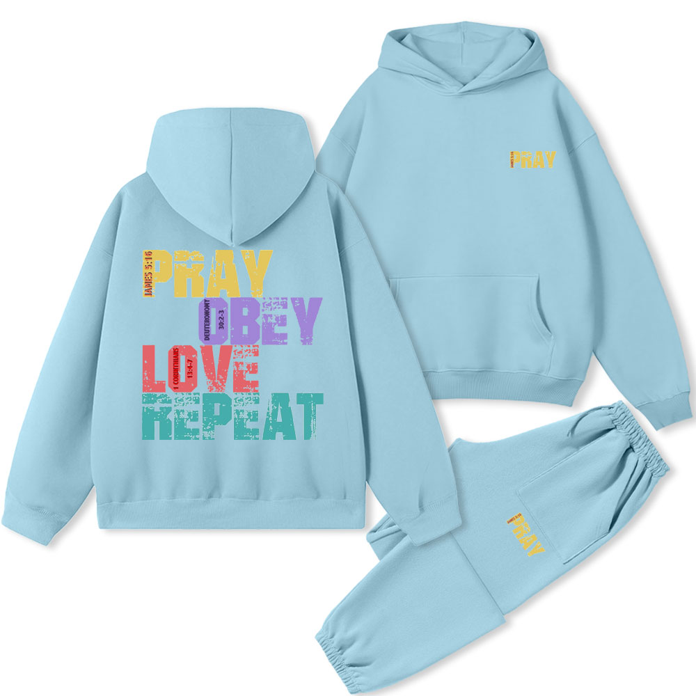 Pray Obey Love Repeat Christian Fleece Hoodie Set