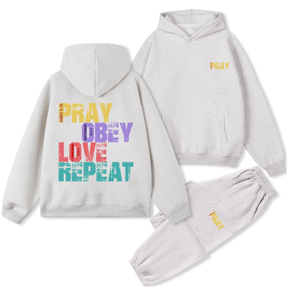 Pray Obey Love Repeat Christian Fleece Hoodie Set