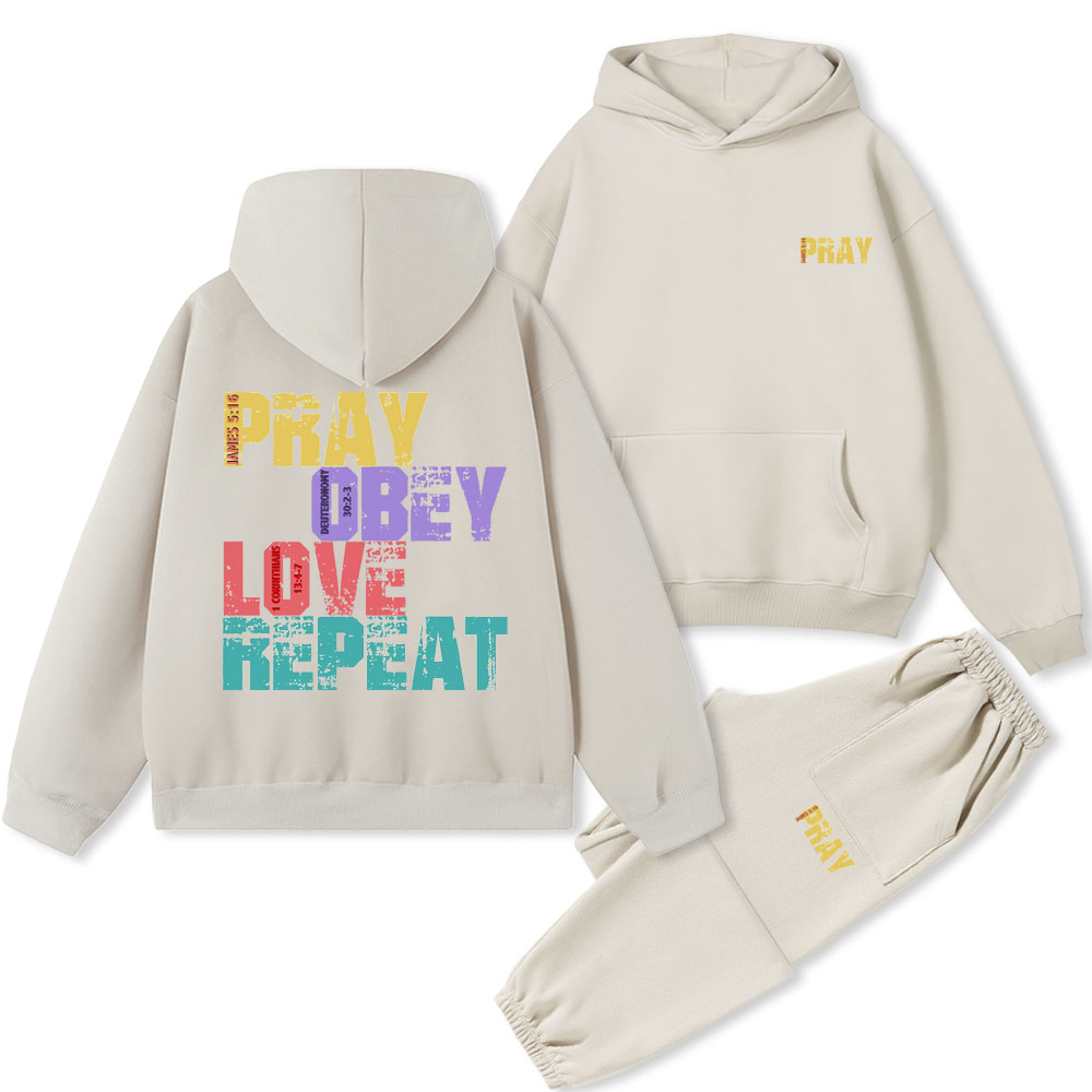 Pray Obey Love Repeat Christian Fleece Hoodie Set