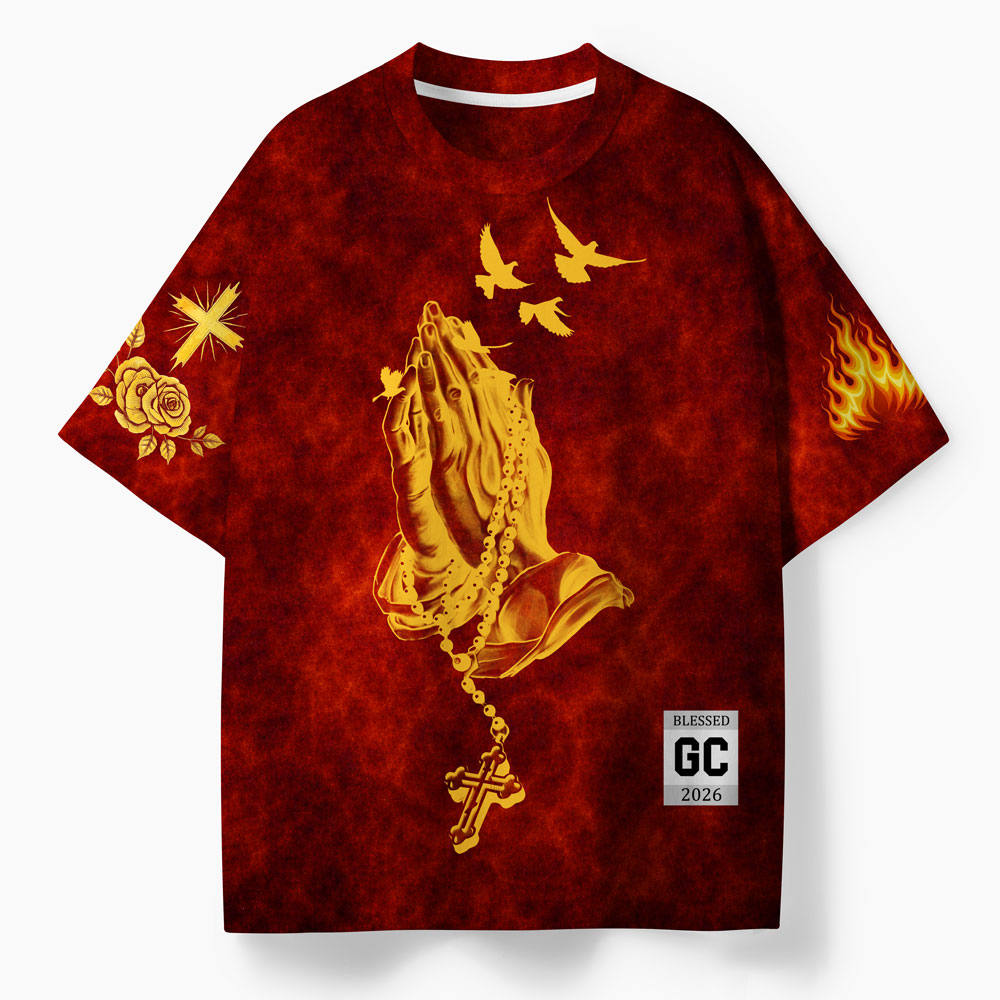 Praying Hands Oversized All-Over Print Christian T-Shirt