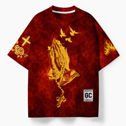 Praying Hands Oversized All-Over Print Christian T-Shirt