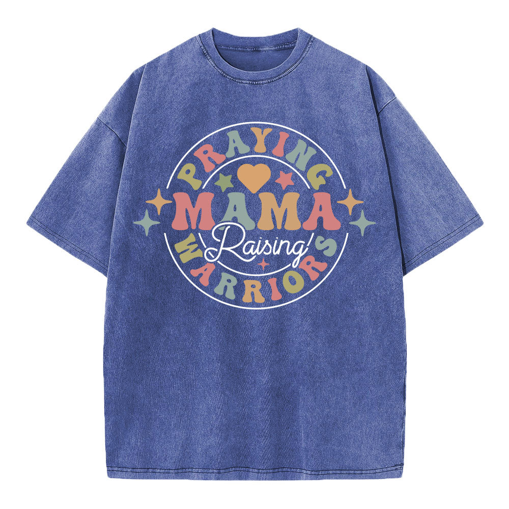 Praying Mama Raising Warriors Christian Washed T-Shirt Sale-GuidingCross