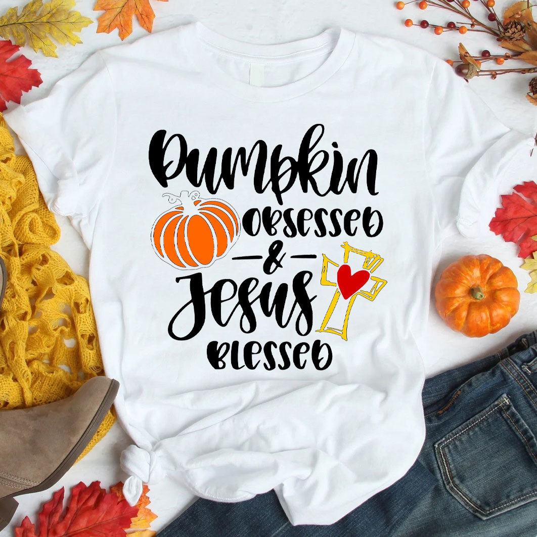 Pumpkin Obsessed And Jesus Blessed Christian T-Shirt