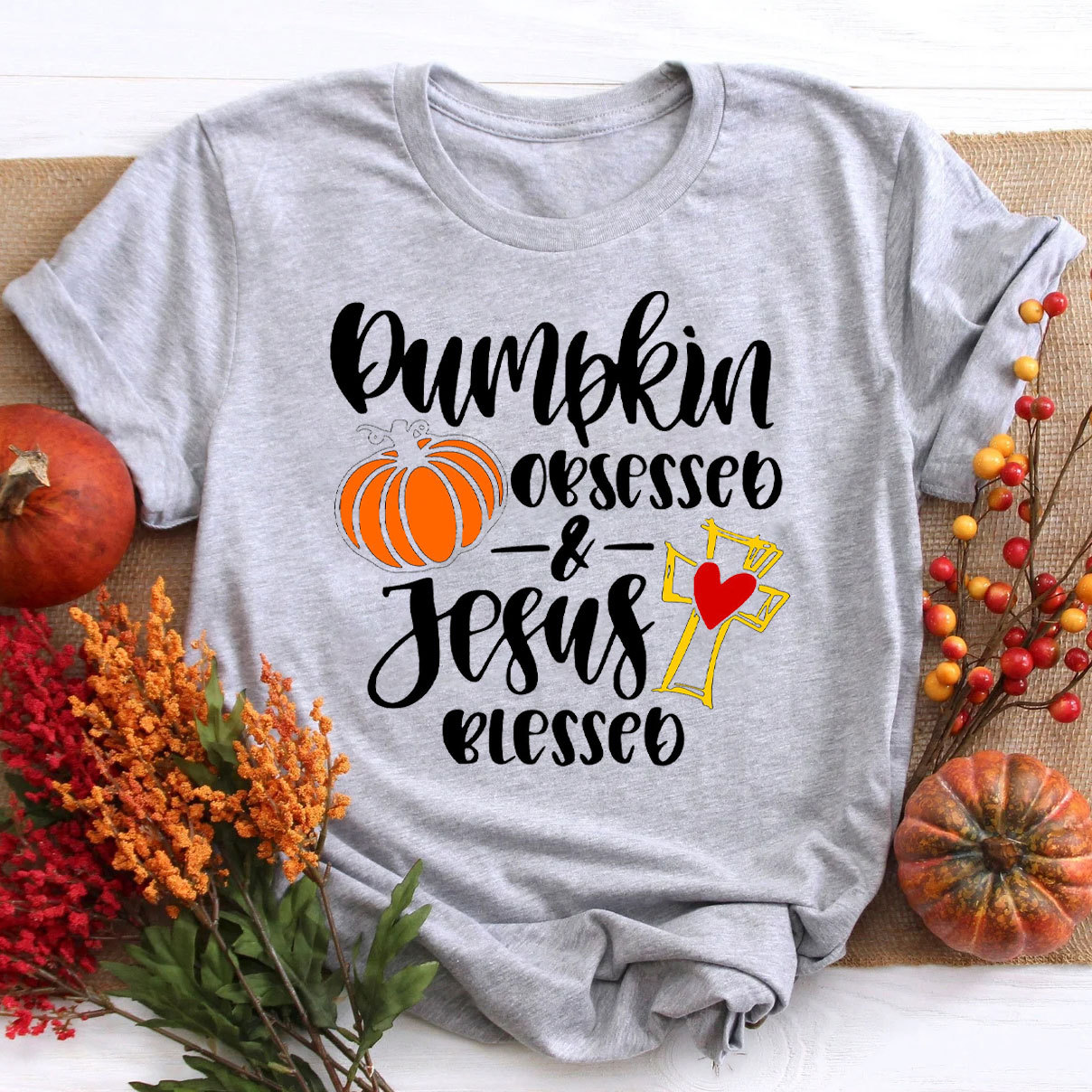 Pumpkin Obsessed And Jesus Blessed Christian T-Shirt