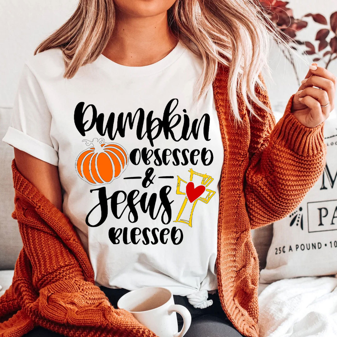 Pumpkin Obsessed And Jesus Blessed Christian T-Shirt