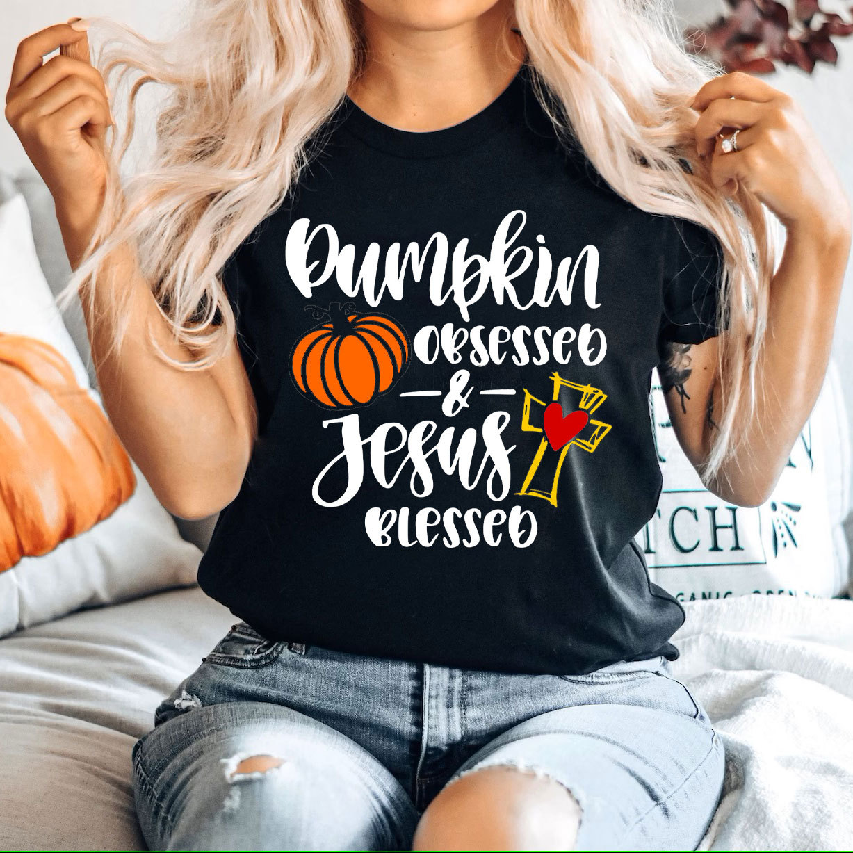 Pumpkin Obsessed And Jesus Blessed Christian T-Shirt