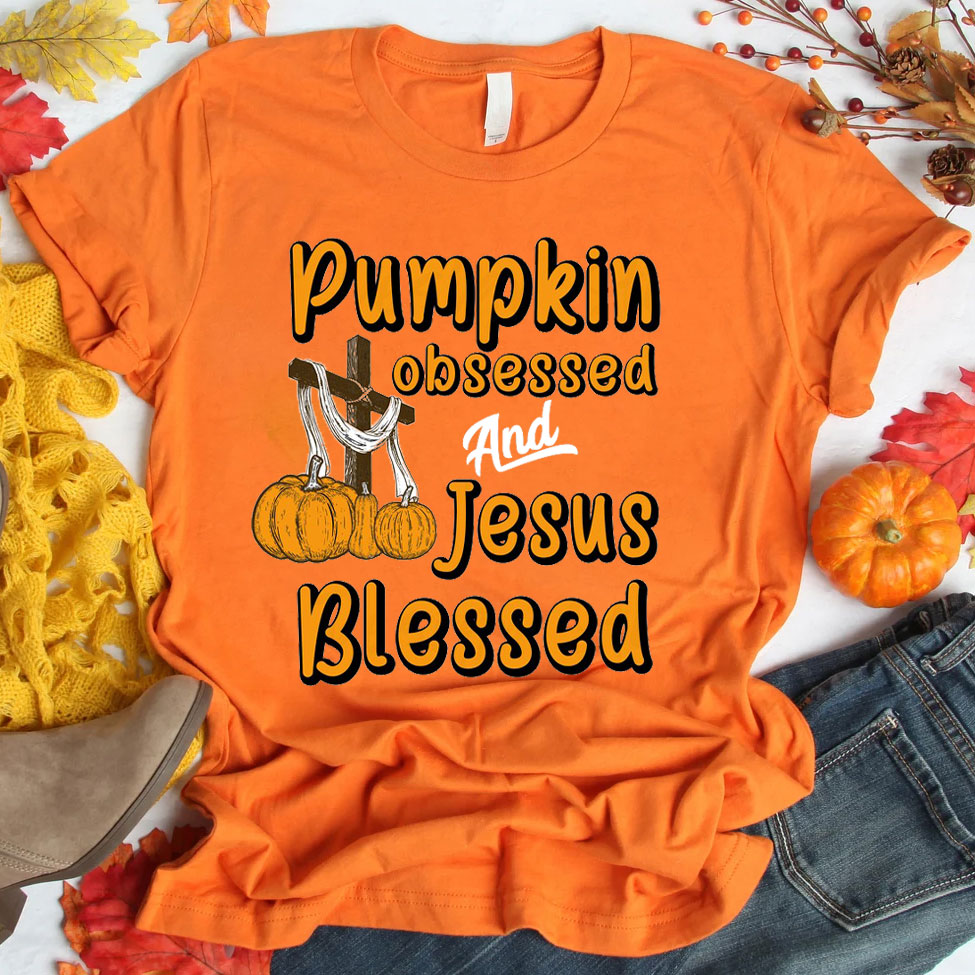 Pumpkin Obsessed And Jesus Blessed Christian T-Shirt