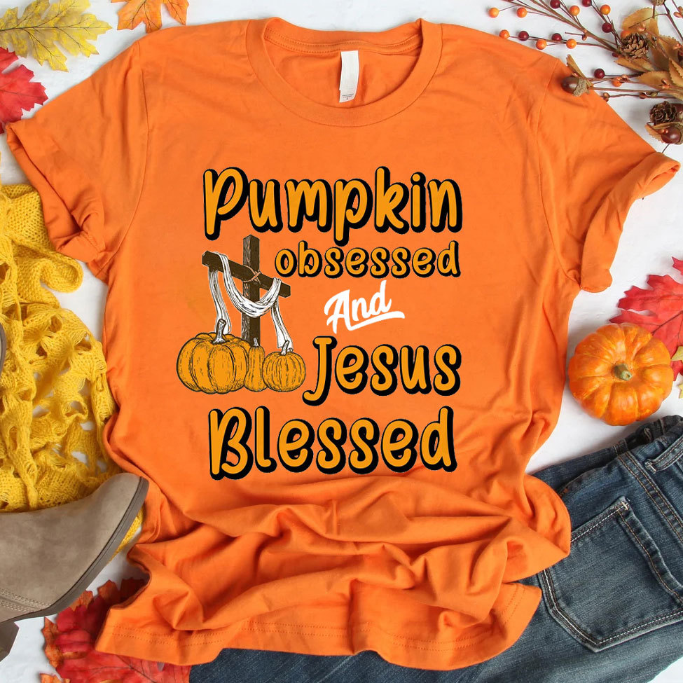 Pumpkin Obsessed And Jesus Blessed Christian T-Shirt