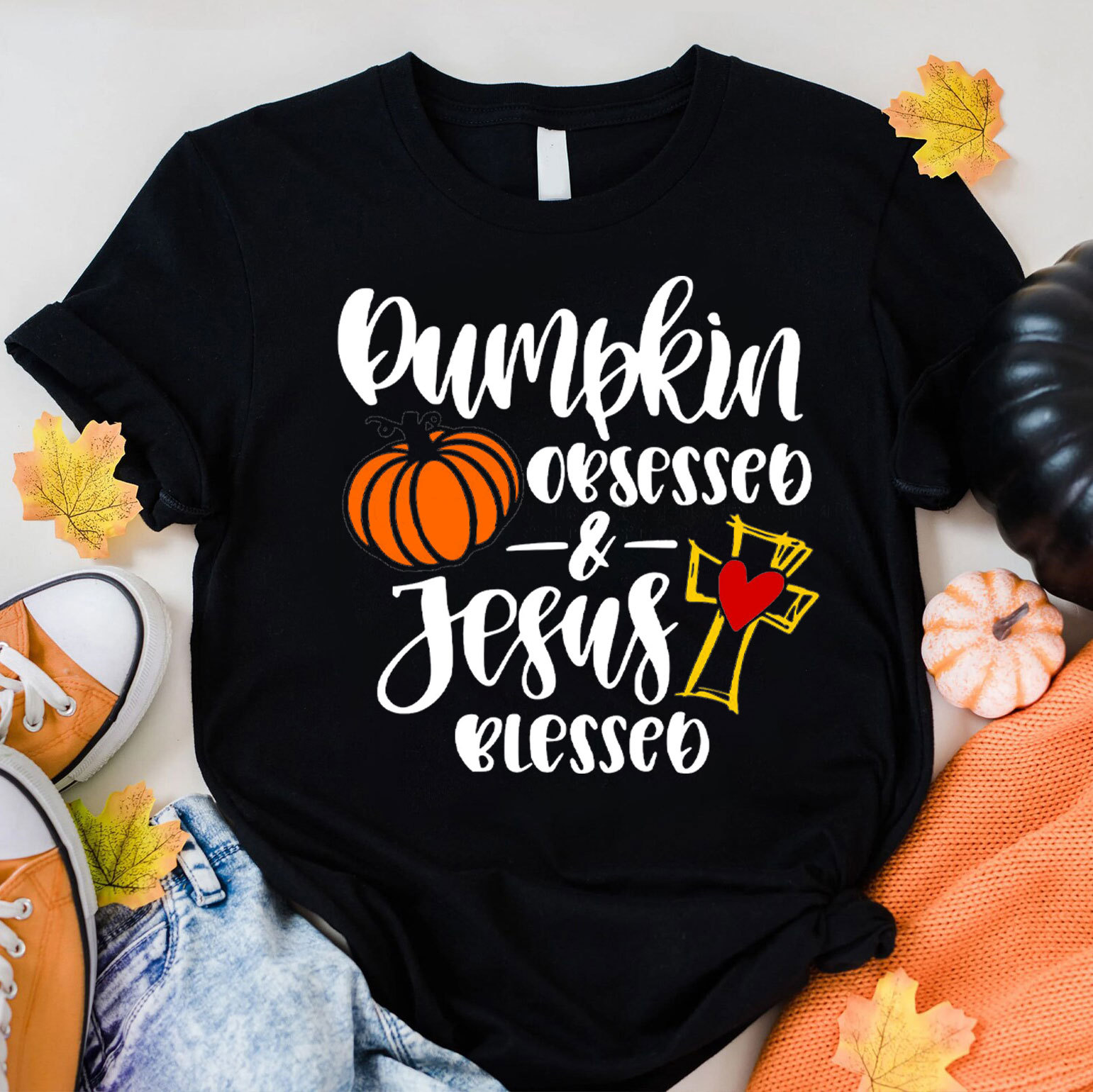 Pumpkin Obsessed And Jesus Blessed Christian T-Shirt