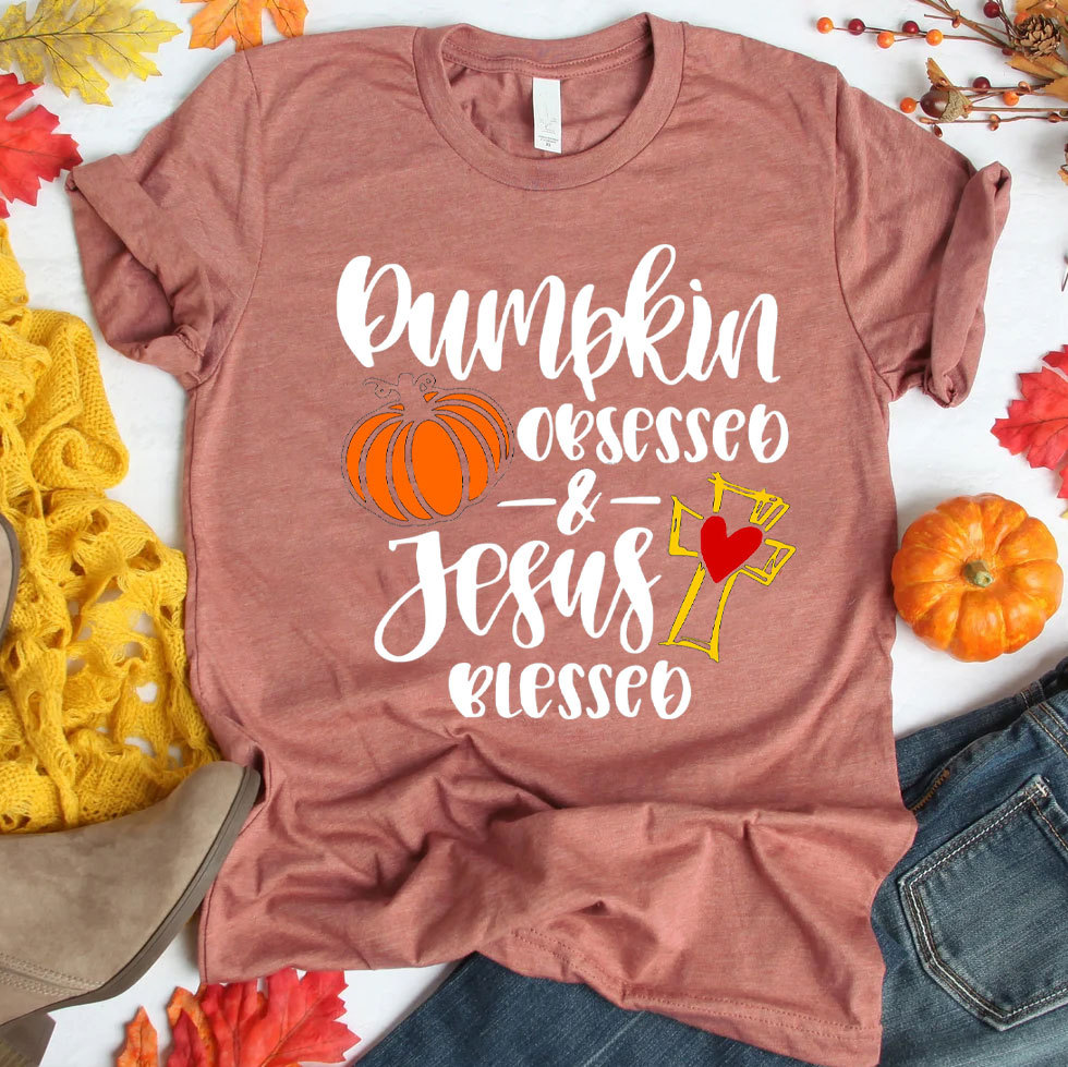 Pumpkin Obsessed And Jesus Blessed Christian T-Shirt