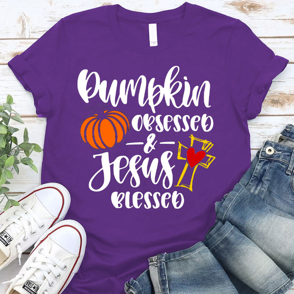 Pumpkin Obsessed And Jesus Blessed Christian T-Shirt