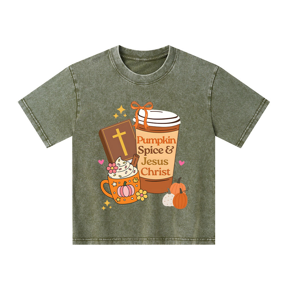 Pumpkin Spice And Jesus Christ Kid Washed T-Shirt