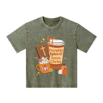 Pumpkin Spice And Jesus Christ Kid Washed T-Shirt