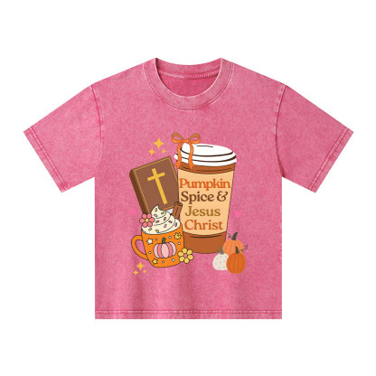 Pumpkin Spice And Jesus Christ Kid Washed T-Shirt