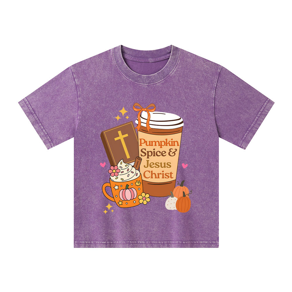 Pumpkin Spice And Jesus Christ Kid Washed T-Shirt