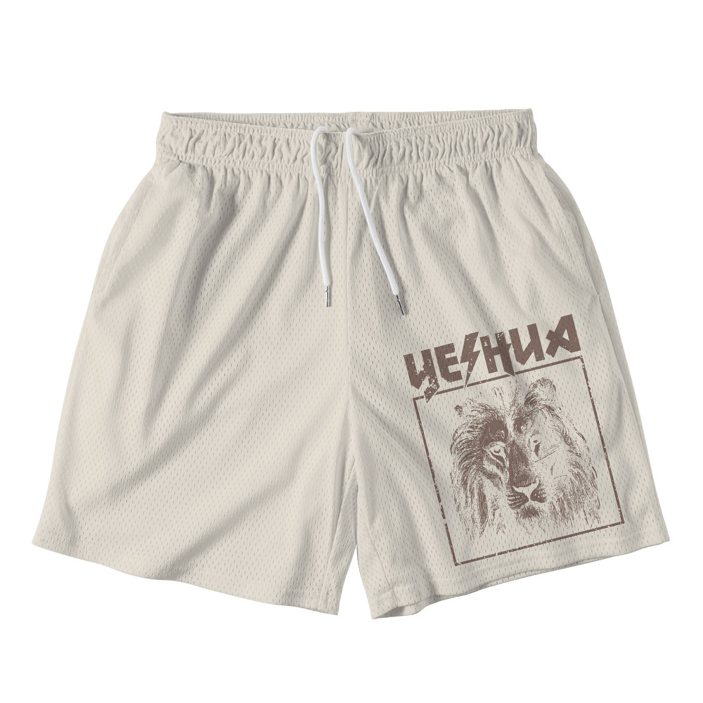 Retro Lion Yeshua Beige Christian Mesh Shorts