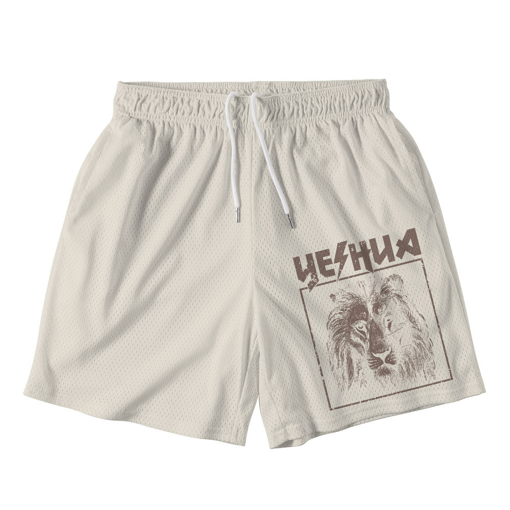 Retro Lion Yeshua Beige Christian Mesh Shorts