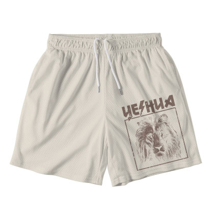Retro Lion Yeshua Beige Christian Mesh Shorts