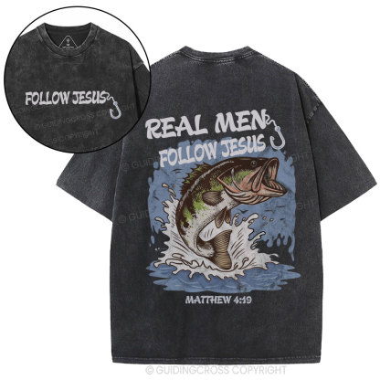 Real Men Follow Jesus Christian Washed T-Shirt